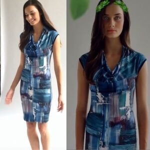 Anni Kuan The Ocean Jersey Dress Medium Abstract Art to Wear Draped Cowl Neck